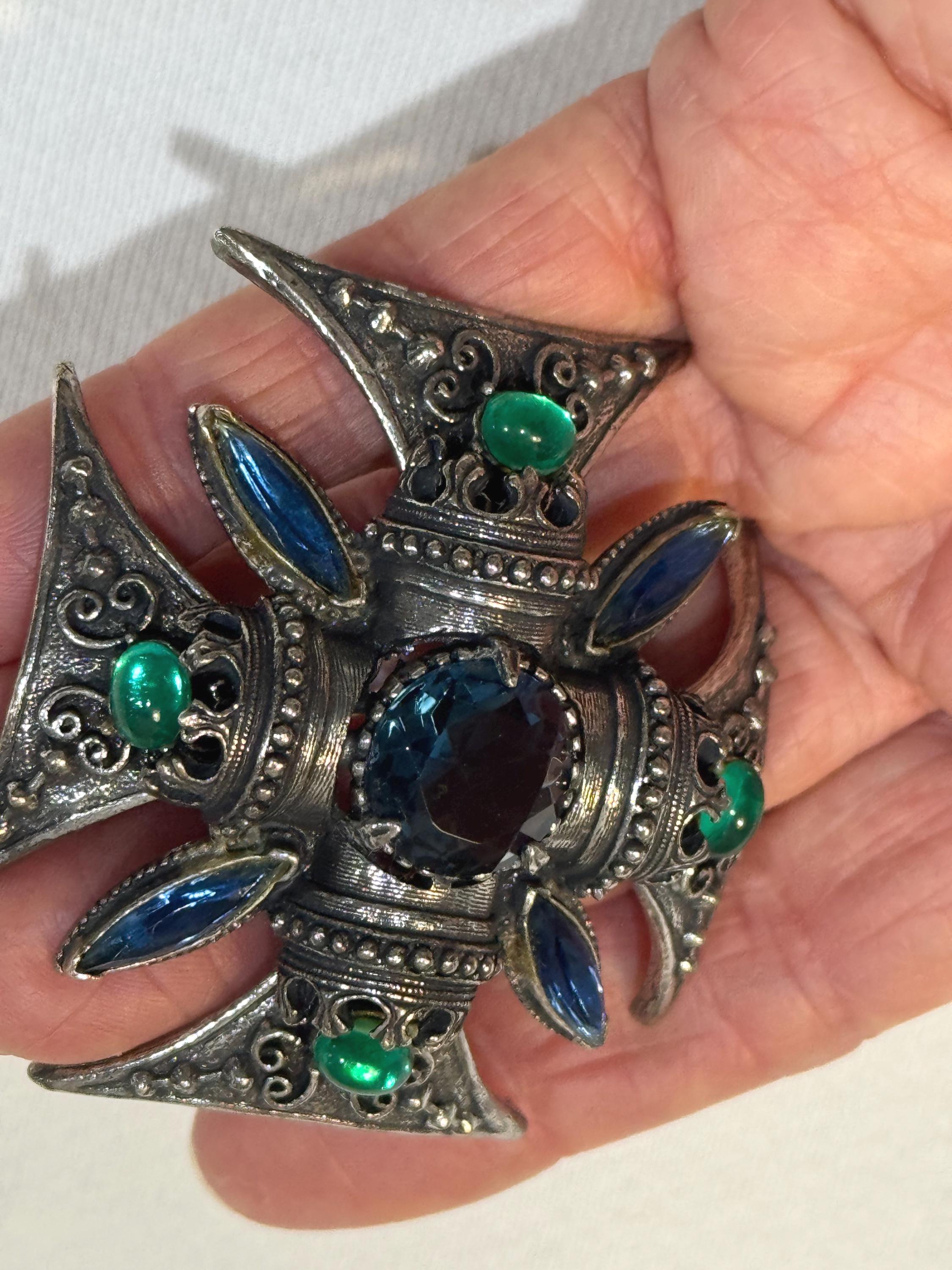 Vintage Florenza Maltese Cross Brooch – Blue & Green Glass Stones