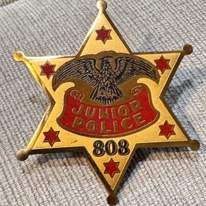 May include: A gold-colored, six-pointed star-shaped badge with a red banner that reads "JUNIOR POLICE." The badge features a black eagle emblem and the number "808." Red star accents are placed around the star's points.