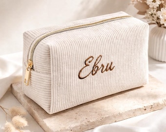 Personalisierte Kosmetiktasche mit Name – Cord Schminktasche – bestickte Make-up Tasche – individuelle Kulturtasche