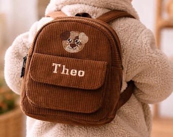 Personalisierter Kinder Rucksack mit Tiermotiv – Cord Kindergartenrucksack bestickt – Wunschname optional – Geschenk für Kindergarten & Kita
