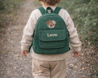 Personalisierter Kinder Rucksack mit Tiermotiv – Cord Kindergartenrucksack bestickt – Wunschname optional – Geschenk für Kindergarten & Kita