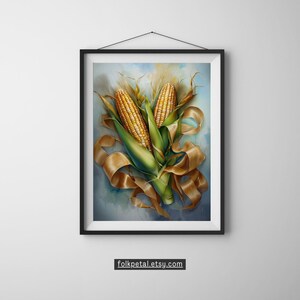 Corn Digital Art Print – Harvest Wall Decor – Rustic Country Style - Golden Corn Illustration – Botanical Digital Art for Wall