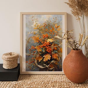 Autumn Rowan Print – Rustic Fall Leaves Artwork – Orange Berry Botanical Painting – Digital File for Cozy Home Decor