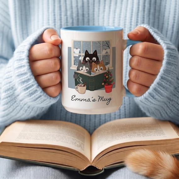 Reading Cats Christmas Mug, Personalized Book Lover Mug, Holiday Coffee Cup, Cat Mom Gift, Custom Bookish Name, Cozy Christmas Reader Gift