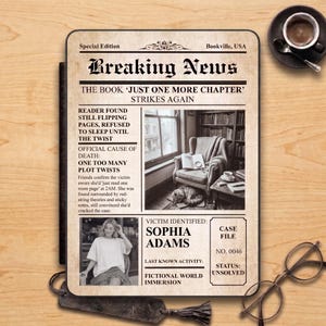 May include: A rectangular sign with a vintage newspaper design titled Breaking News. It features text about a reader, a photo of a person named Sophia Adams, and a graphic of an armchair by a window. The sign has a beige, aged paper texture.