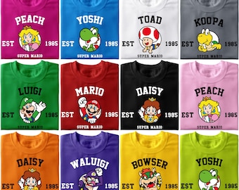 Retro Super Mario Shirt, Varsity EST 1985 Tee, Matching Group Costume, Mario Luigi Peach Yoshi Bowser Waluigi Top, College Style Gamer Gift