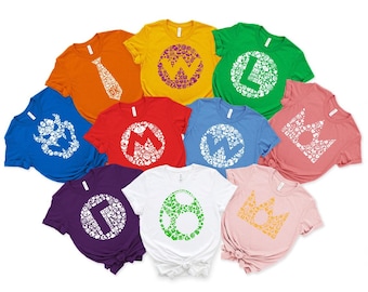 Matching Video Game Family Shirts, Retro Plumber Bros Group Tee, Princess Peach Yoshi Wario Costume, Birthday Party Outfit, Gamer Gift