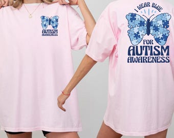 Autism Awareness Butterfly Shirt, Blue Puzzle Piece T-Shirt, Neurodiversity Teacher Tee, I Wear Blue Graphic Shirt, Inclusive Advocacy Gift