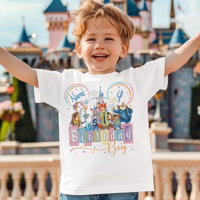 Pu&ograve; includere: Una t-shirt bianca a maniche corte con una grafica colorata di personaggi animali animati, l'illustrazione di un castello e il testo "Name", "4" e "Birthday Boy". Il design include arcobaleni pastello, palloncini e coriandoli.