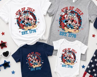 Mickey and Friends 4th of July Shirt, Disney Patriotic Family Vacation Tee, Retro Mickey Minnie Donald Goofy Pluto Est 1776 Graphic Tee