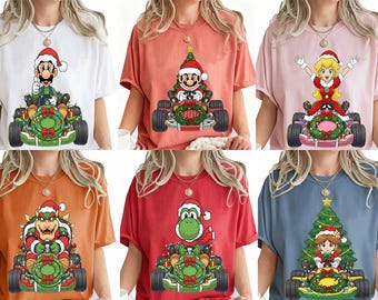 Gamer Christmas Shirt, Kart Racing Holiday Tee, Matching Family Group Gift, Luigi Peach Bowser Yoshi Top, Retro Video Game Xmas Outfit