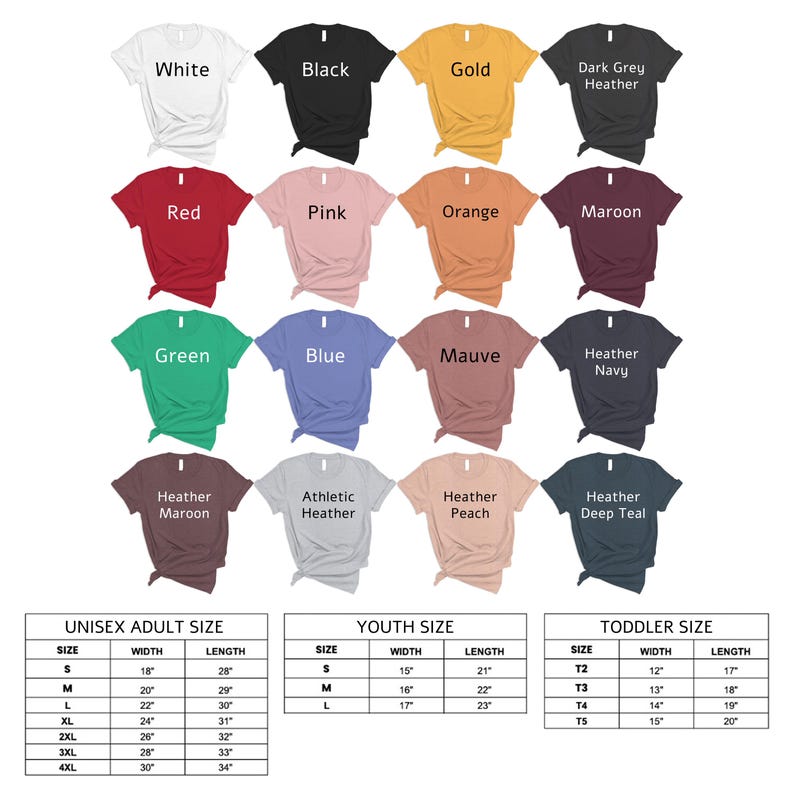 Op de afbeelding: Een verzameling t-shirts in diverse kleuren, waaronder wit, zwart, goud, rood, roze, oranje, groen, blauw en bordeaux. Maattabellen voor unisex volwassenen, jeugd en peuters worden weergegeven.