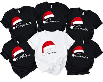Personalized Santa Hat Shirt, Custom Name Christmas Tee, Matching Family Holiday Pajamas Top, Cute Santa Hat Group Gift, Work Party Outfit