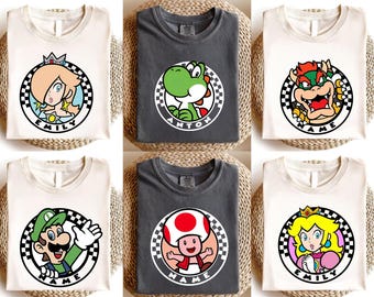 Retro Mario Grand Prix Custom Tee, Boutique Racer Family Outfits, Hand-Illustrated Character Birthday Shirt, Personalized Name Trip Tops