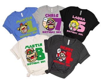 Personalized Wario Birthday T-Shirt: Mario Theme Party - Custom Name Age Tee, Princess Peach Bowser Wario - Birthday Boy Girl Party Outfit