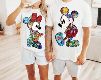 Mickey Minnie Mouse T-Shirt, Disney Character Collage Tee, Magic Kingdom Couple Trip Shirt, Disneyland Family Vacation, Retro Disney Graphic
