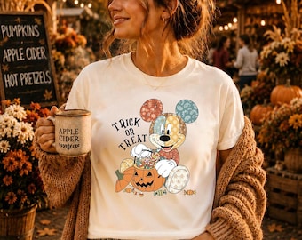 Vintage Halloween Mickey Shirt, Patchwork Mickey Trick Or Treat T-Shirt, Disney Halloween Family Shirt, Cute Disney Pumpkin Tee