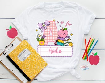 Custom Name Back to School Shirt, Personalized Alphabet Letter A Shirt, Cute Kindergarten T-Shirt, Pre-K Kids School Outfit, Preschool Tee
