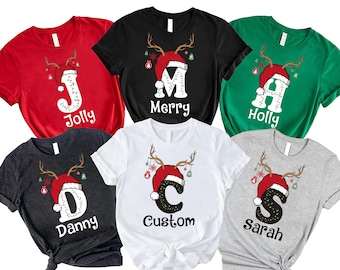 Personalized Christmas Initial T-Shirt, Reindeer Antler, Funny Most Likely To Christmas Shirt, Group Holiday Party Tees,