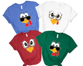Funny Turkey Face Shirt, Cool Turkey Sunglasses Shirt, Cute Leopard Print Turkey Glasses T-Shirt, Family Thanksgiving Matching Shirts