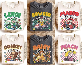 Mario Kart Shirt, Retro Family Birthday Shirts, Bowser Luigi Princess Peach Daisy Yoshi Toad Wario Donkey Kong, Custom Group Matching Tees