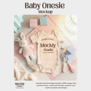Natural Rabbit Skins 4400 Baby Onesie Mockup | Boho Neutral Nursery Flat Lay | Unisex Infant Bodysuit, Pastel Newborn Mockup JPG