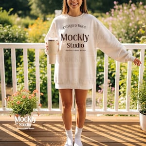 Gildan 18000 White Sweatshirt Mockup | G180 White Crewneck Sweatshirt Mock-up | Model Mock | Trendy Casual Neutral Boho Styled Aesthetic