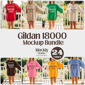 GILDAN 18000 Sweatshirt Mockup Bundle | G180 Crewneck on Model | 24 Colors Pastel | Cozy Fall Winter | Model Mockup | Neutral Casual Simple