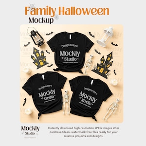 Family Halloween T-Shirt Mockup Set | 3 Spooky Black Shirt PSD, Skeleton Fall Decor | Editable Matching Shirt Bundle, High-Res JPG Download