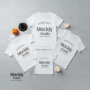 Matching Family T-Shirt Mockup | Halloween White Shirt Flat lay | Adult & Kids Family Mockup Bundle | Bella Canvas 3001 JPG Halloween Mockup
