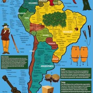 Zuid-Amerika - Kaart van muzikale culturen / muzikaal overzicht (meer dan 250 muziekstijlen, dansen, ritmes, instrumenten, liedjes en nog veel meer)
