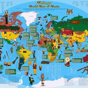 Puede incluir: Un mapa del mundo colorido titulado "Kobago World Map of Music" con ilustraciones de instrumentos musicales y figuras que representan diferentes culturas. El mapa presenta un fondo azul claro y varios elementos musicales.