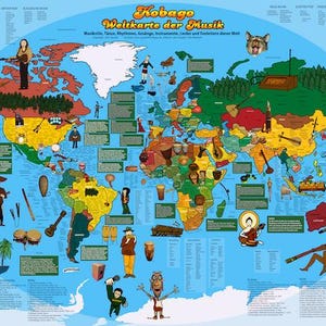 May include: A world map titled "Kobago Weltkarte der Musik" with illustrations of musical instruments and figures representing different cultures. The map is on a blue background with various musical instruments and figures. The map includes text in German.