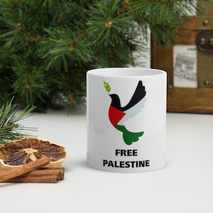 Gratis mok Palestina – witte glanzende keramische kop met duif – symbool Palestijnse vlag – solidariteitscadeau – koffiemok verzet