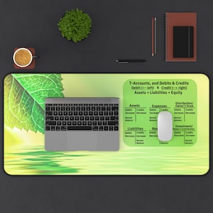 Può includere: Tappetino per scrivania con un design a gradiente verde e giallo, con un laptop, un mouse e testo sui principi contabili. Il testo include "Conti T, e Debiti e Crediti" e "Attività = Passività + Patrimonio Netto".