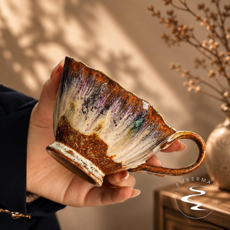 May include: A ceramic teacup with a textured, uneven rim and a handle. The exterior features a reactive glaze with streaks of deep brown, cream, purple, and blue. The base is a dark, earthy brown. The text EMBERMADE is printed with a logo.