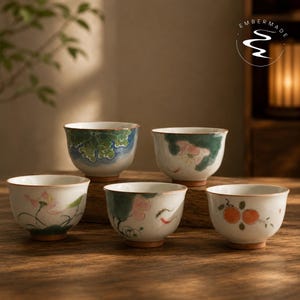 May include: Five ceramic tea cups with a crackle glaze finish, each featuring unique hand-painted botanical motifs including lotus flowers, green leaves, and orange fruits. The cups have a light off-white base and a logo reading EMBERMADE.