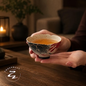 May include: A ceramic tea bowl with a scalloped rim, featuring a speckled cream interior and a dark exterior decorated with red leaf patterns and gold-colored crackle lines. The bowl contains a light amber liquid and displays the Embermade logo.