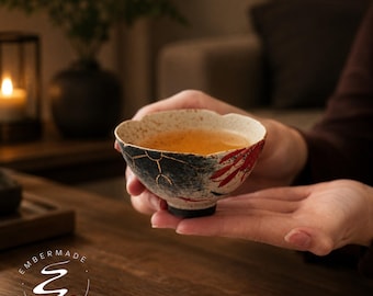 May include: A ceramic tea bowl with a scalloped rim, featuring a speckled cream interior and a dark exterior decorated with red leaf patterns and gold-colored crackle lines. The bowl contains a light amber liquid and displays the Embermade logo.