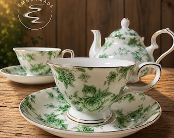 May include: A white porcelain tea set featuring a green floral pattern and gold trim. The set includes a teapot, two teacups, and two saucers. The logo Embermade with a stylized smoke graphic is visible in the upper left corner of the image.