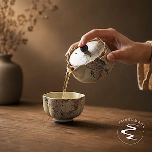 Puede incluir: Una tetera de cerámica con borde festoneado y una taza a juego, ambas con un esmalte crema moteado y motivos florales pintados a mano en violeta y verde. La tetera tiene un pomo azul oscuro en la tapa y está vertiendo té en la taza.