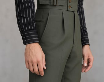 Olive Green High-Waist Gurkha Trousers – Pleated, Adjustable Buckle, Luxury Fit