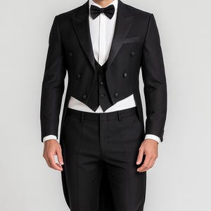 Maßgeschneiderter schwarzer Woll-Frack-Smoking: Formelle weiße Krawattenkleidung