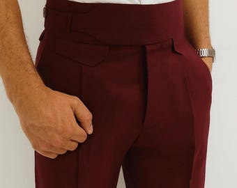 Men’s Burgundy Gurkha Pants – High Waist Tailored Trousers with Button