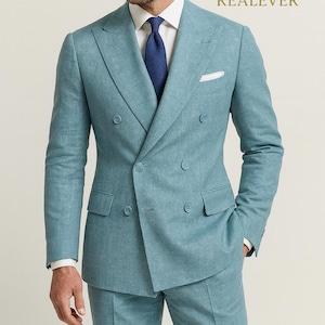Men’s Double Breasted Sky Blue Linen Suit – Tailored Wedding & Formal Business Suit by Realever
