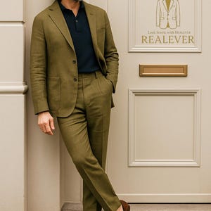 May include: A man in an olive green suit and navy blue polo shirt leans against a white door. The suit has a two-button jacket and matching trousers. The door has the text "Look Iconic with REALEVER" and a gold mail slot.