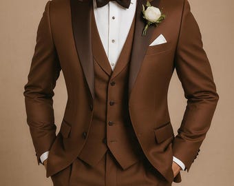 男性用ブラウン3ピースタキシードスーツ – 高級ウェディングスーツ