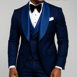 Navy Blue Tuxedo Suit: Satin Shawl Lapel, 3 Piece Wedding Outfit