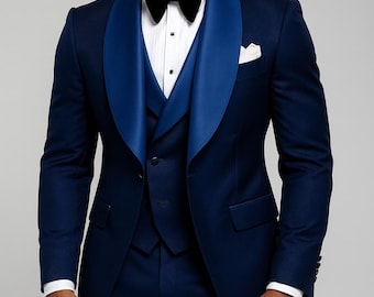 Navy Blue Tuxedo Suit: Satin Shawl Lapel, 3 Piece Wedding Outfit