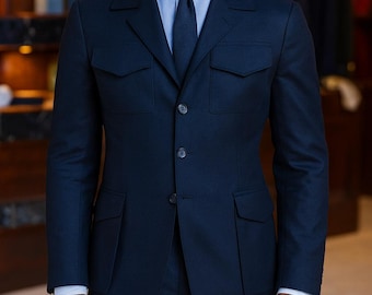 Navy Blue Wool Blend Safari Suit: Tailored Blazer & Pants Set